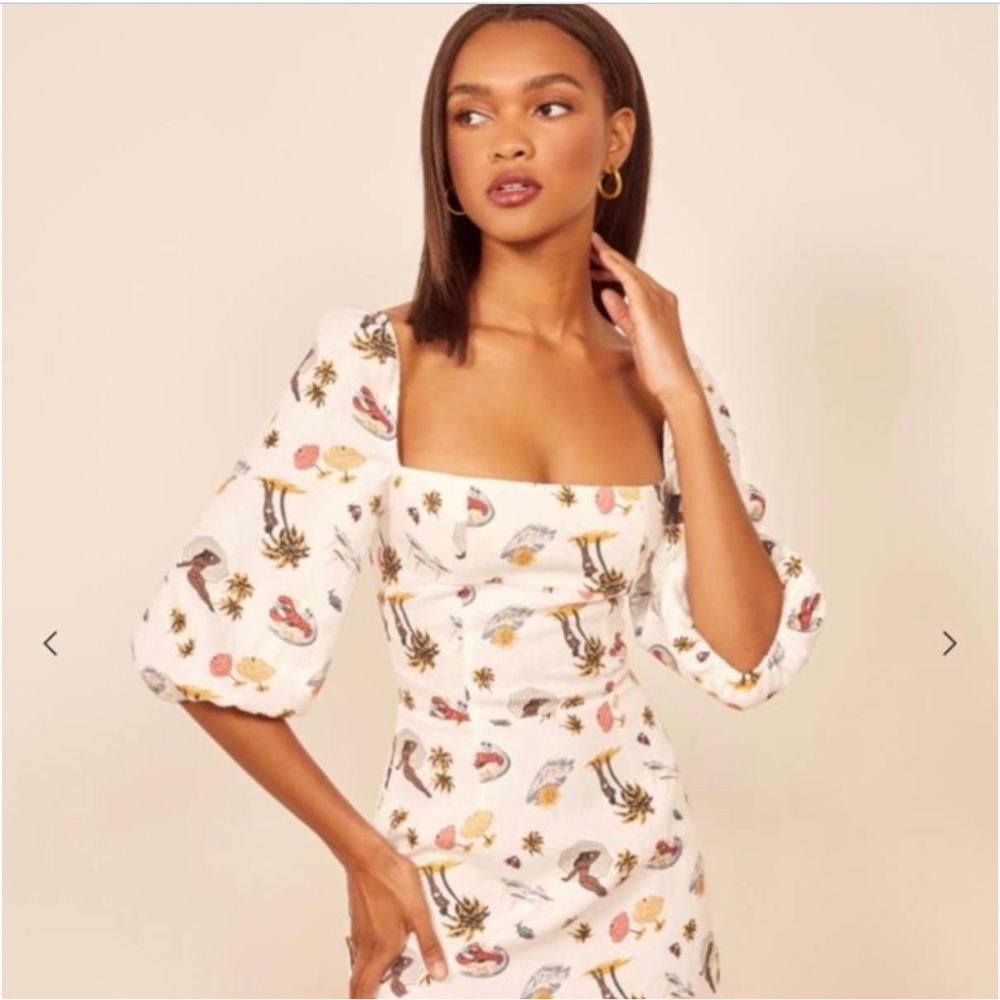 Reformation White Puff-Sleeve Mini Dress with Multicolor Floral Print